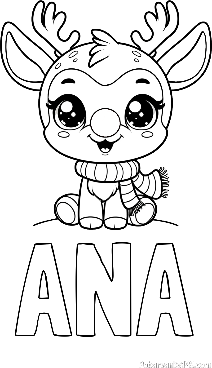 Pobarvanka imena ANA in otroška pobarvanka jelenčka Rudolfa s šalom okoli vratu