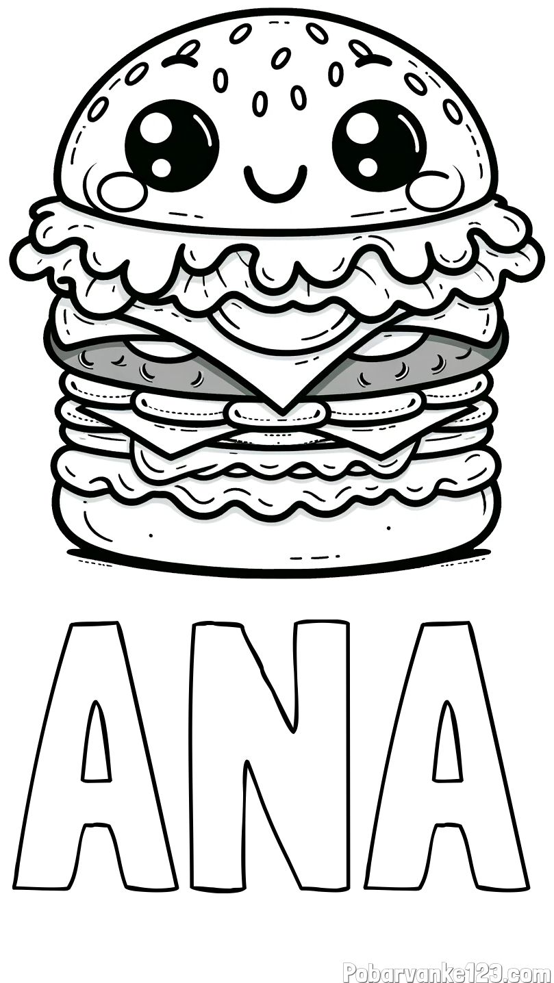 Pobarvanka imena ANA in otroška pobarvanka nasmejanega hamburgerja