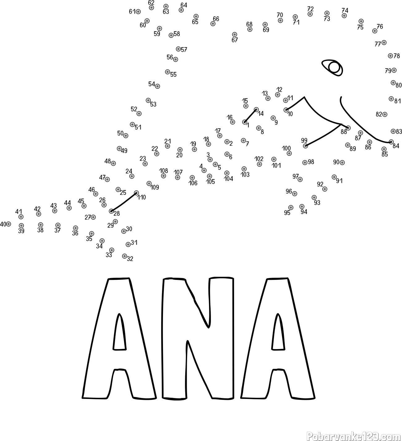 Pobarvanka imena ANA in pobarvanka delfina - poveži številke