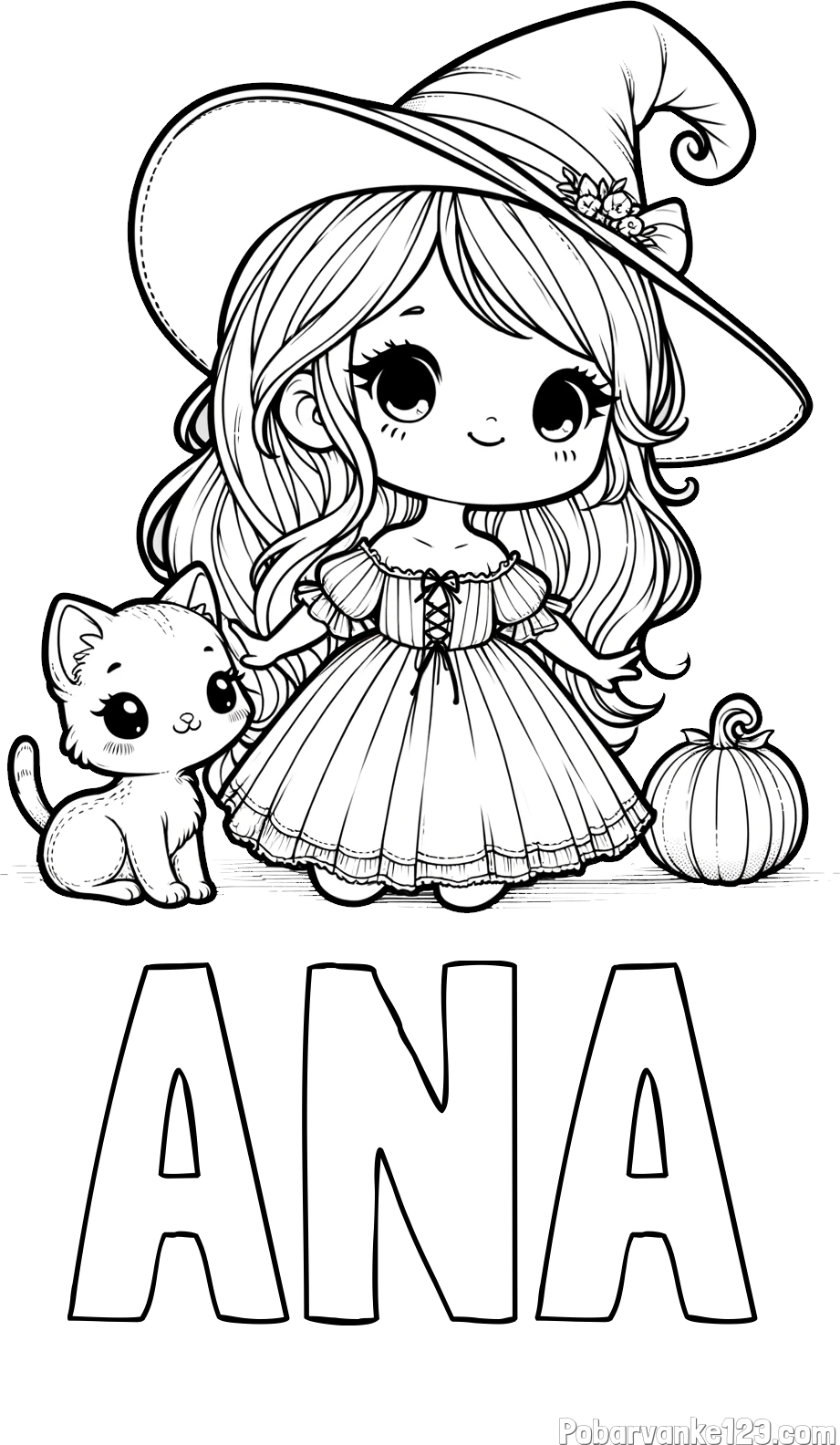 Pobarvanka imena ANA in pobarvanka ljubke čarovnice, muce in buče