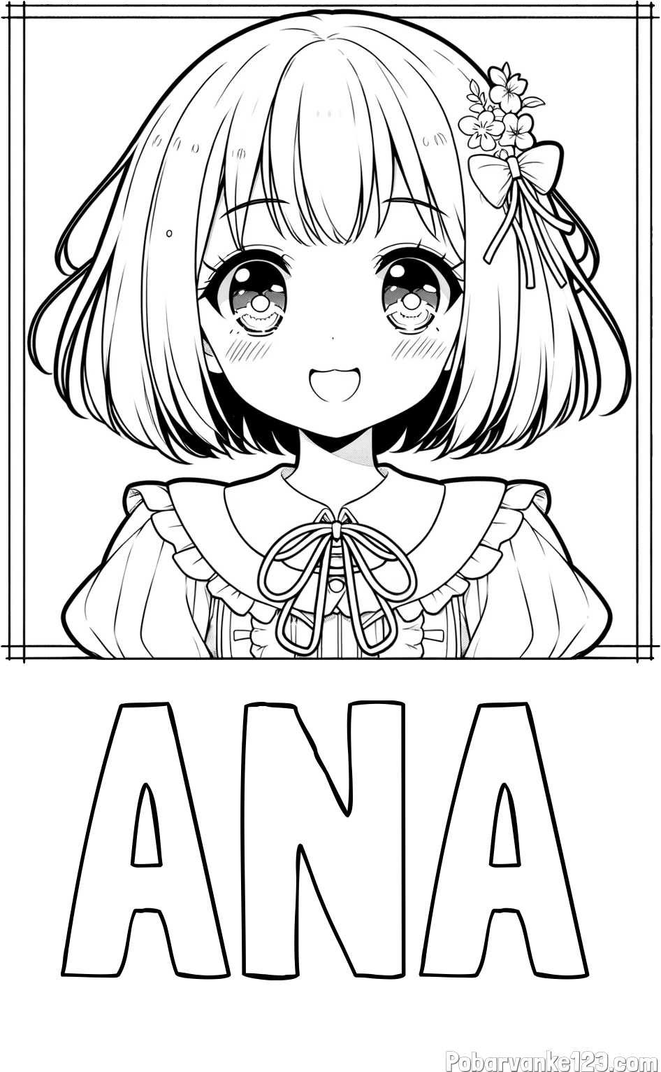 Pobarvanka imena ANA in pobarvanka ljubke punčke v anime slogu