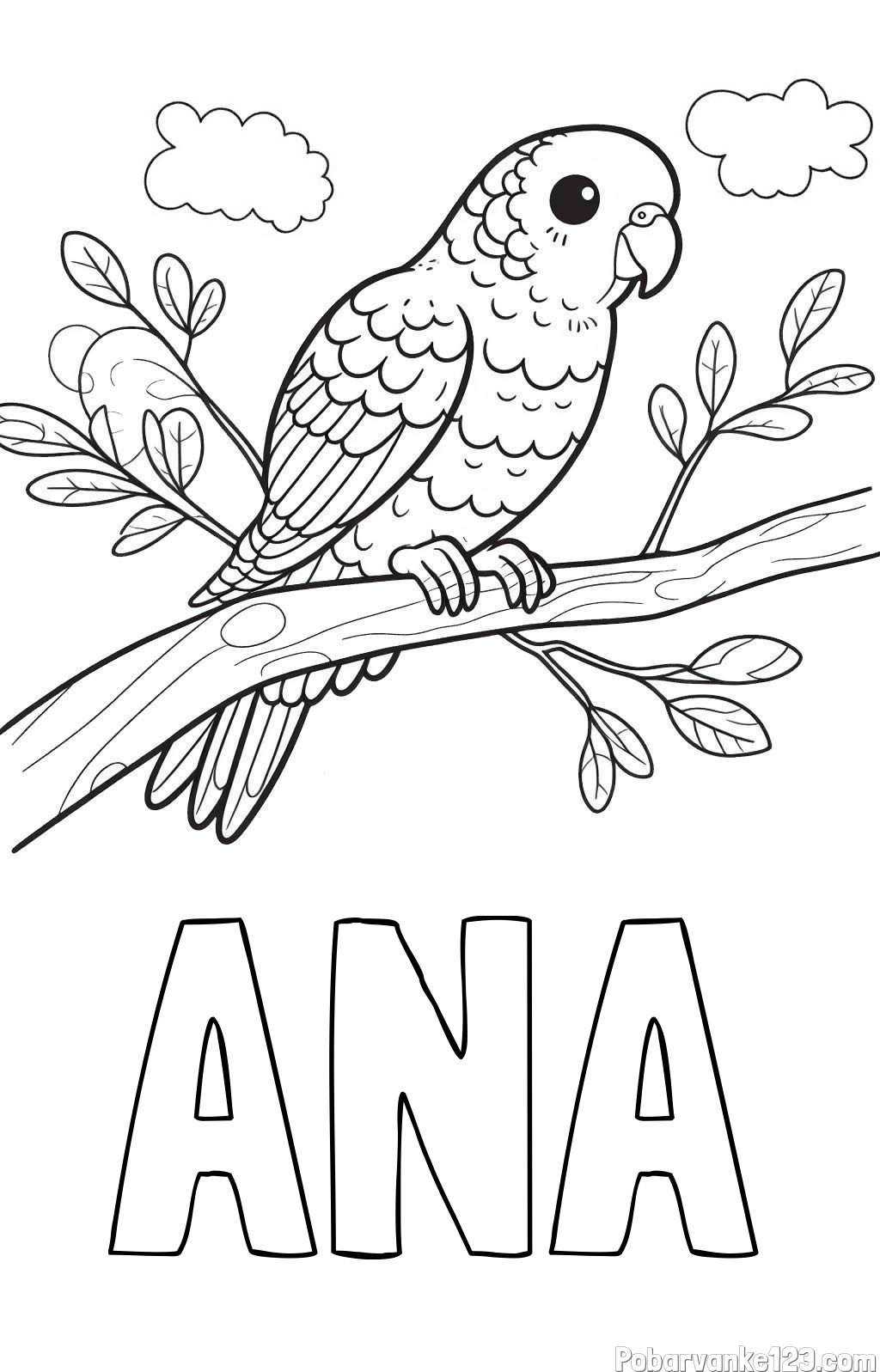 Pobarvanka imena ANA in pobarvanka ljubkega kanarčka na veji