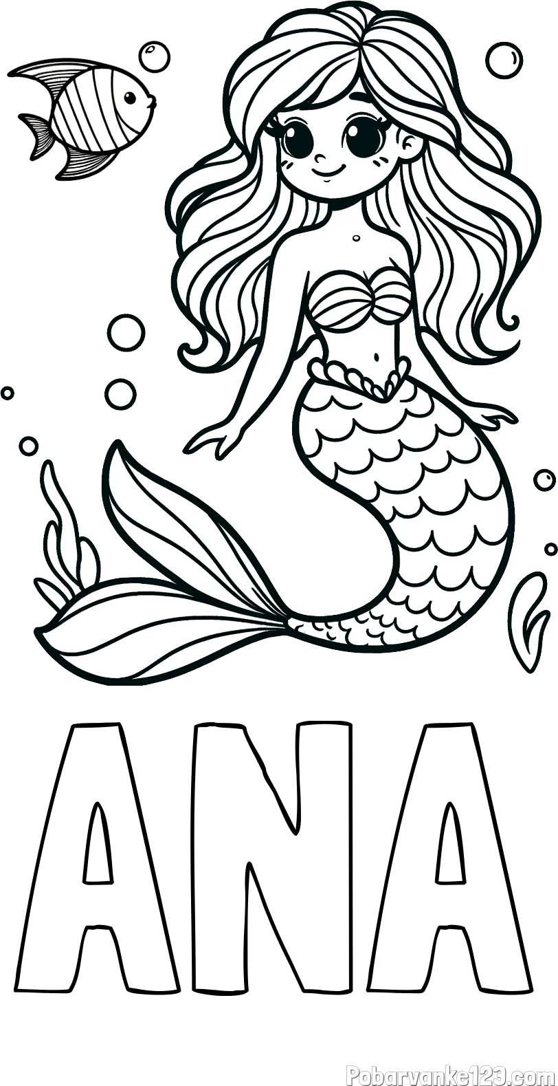 Pobarvanka imena ANA in pobarvanka male morske deklice in ribice