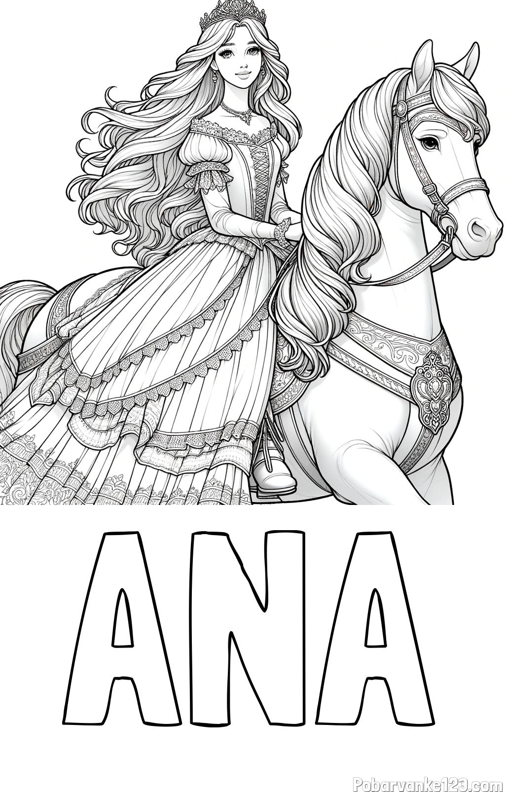 Pobarvanka imena ANA in pobarvanka nasmejana princese na konju