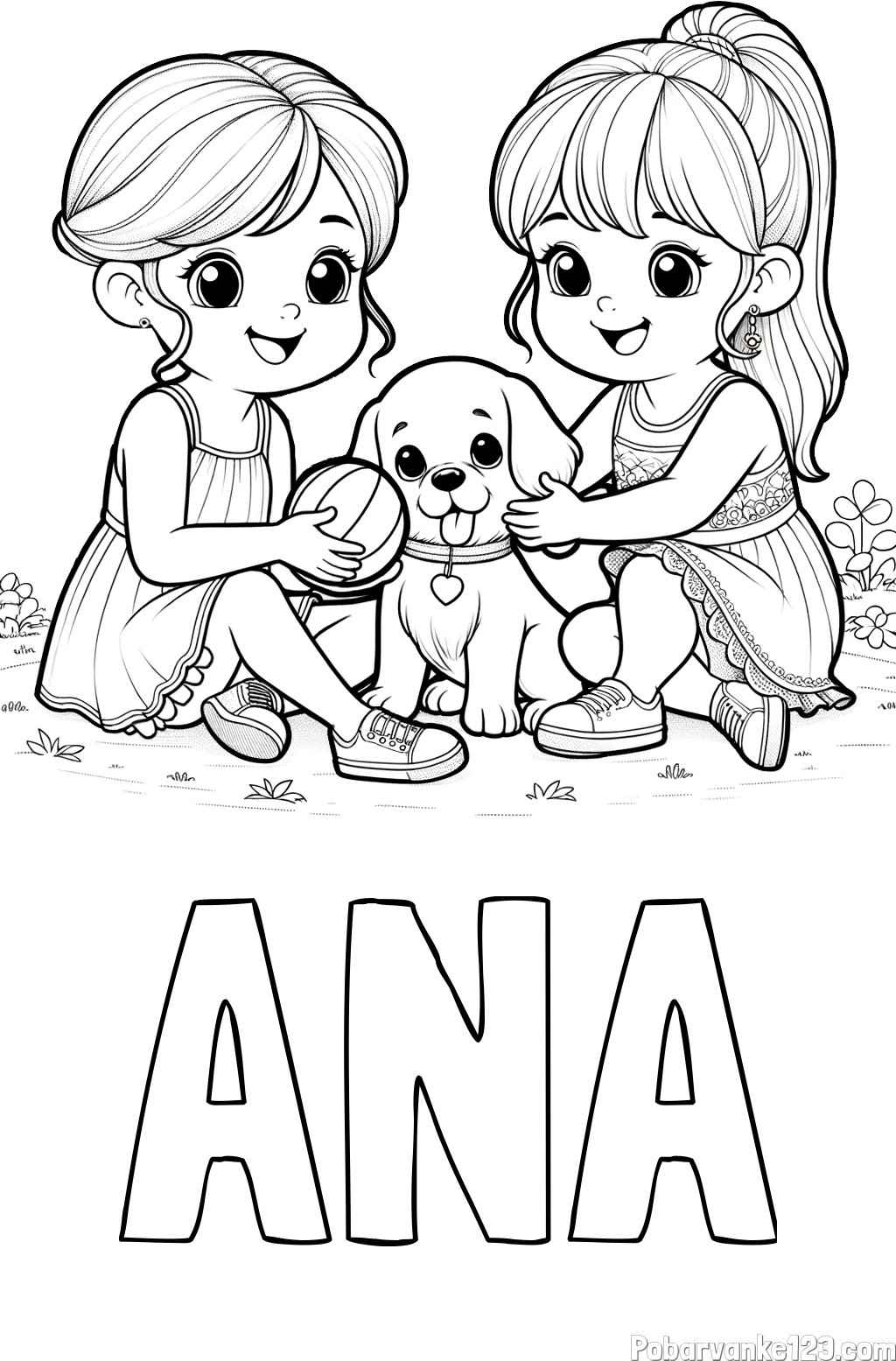 Pobarvanka imena ANA in pobarvanka prijateljic s kužkom