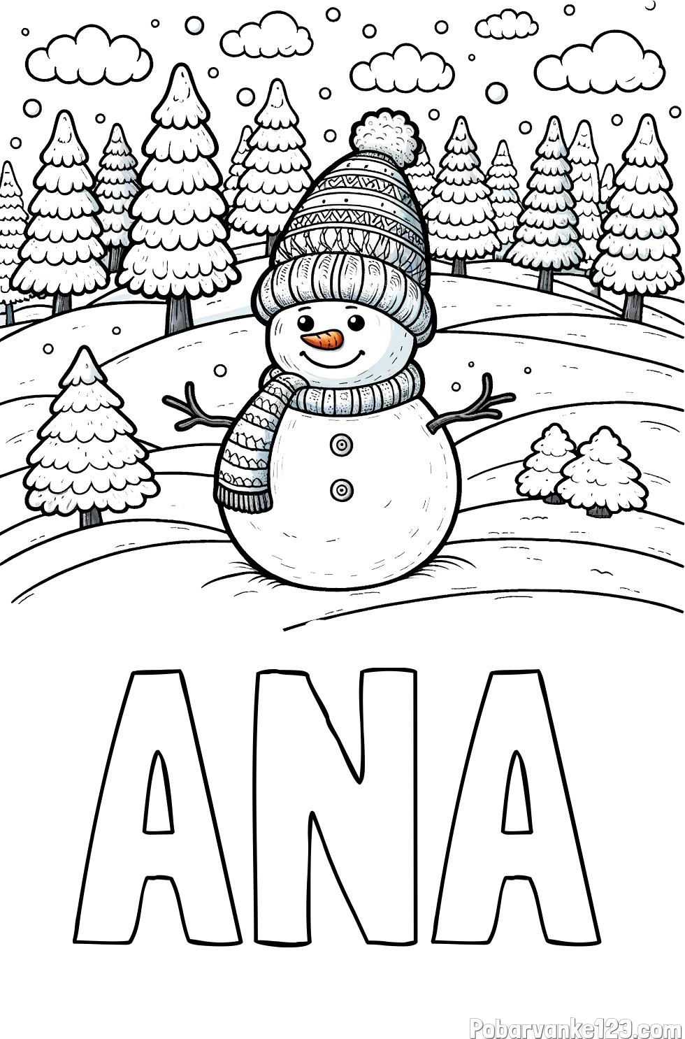 Pobarvanka imena ANA in pobarvanka snežaka v naravi obdanega z zasneženimi smrekami
