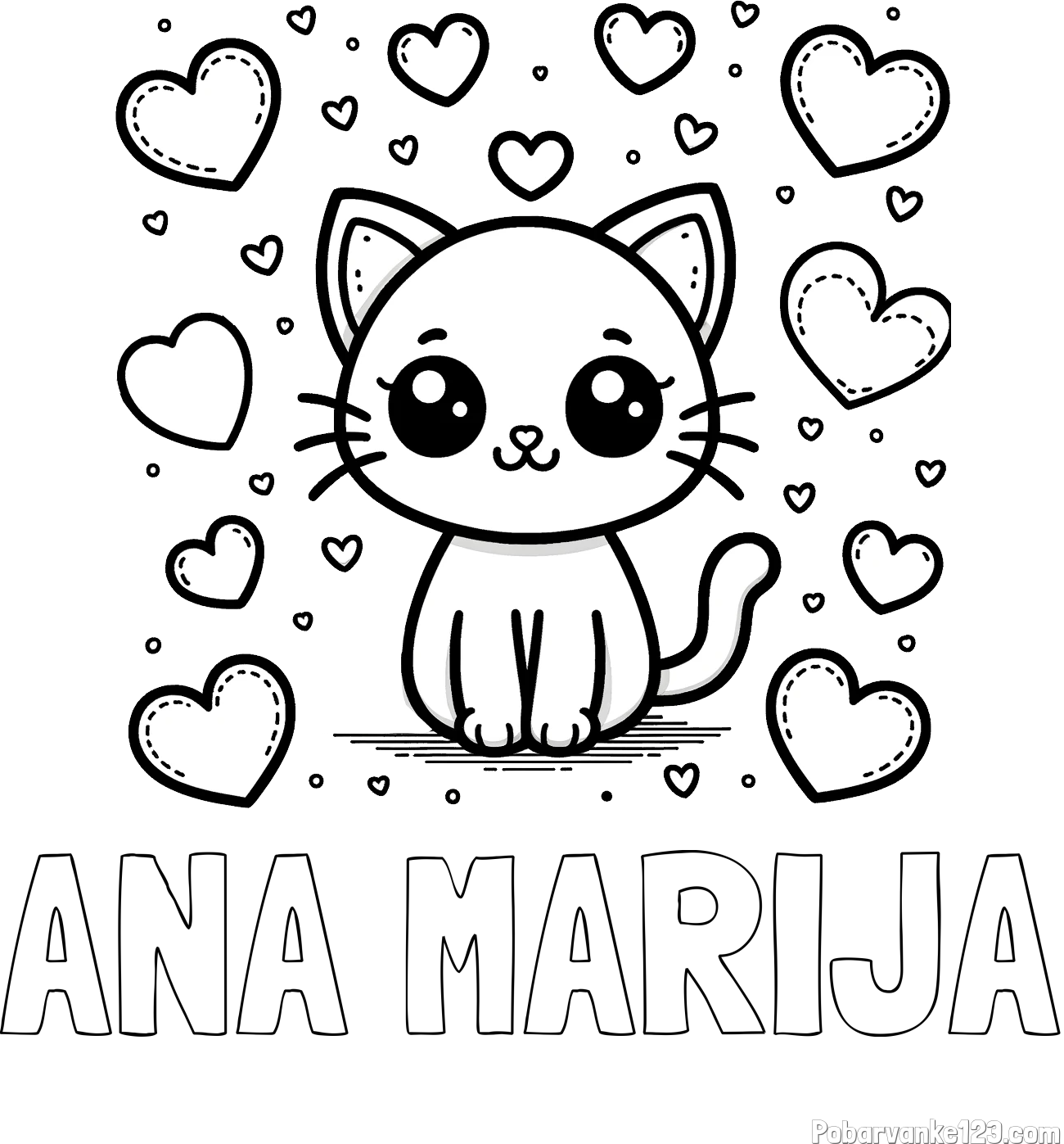 Pobarvanka imena ANA MARIJA in pobarvanka ljubke mucke obdane z veliko srčki