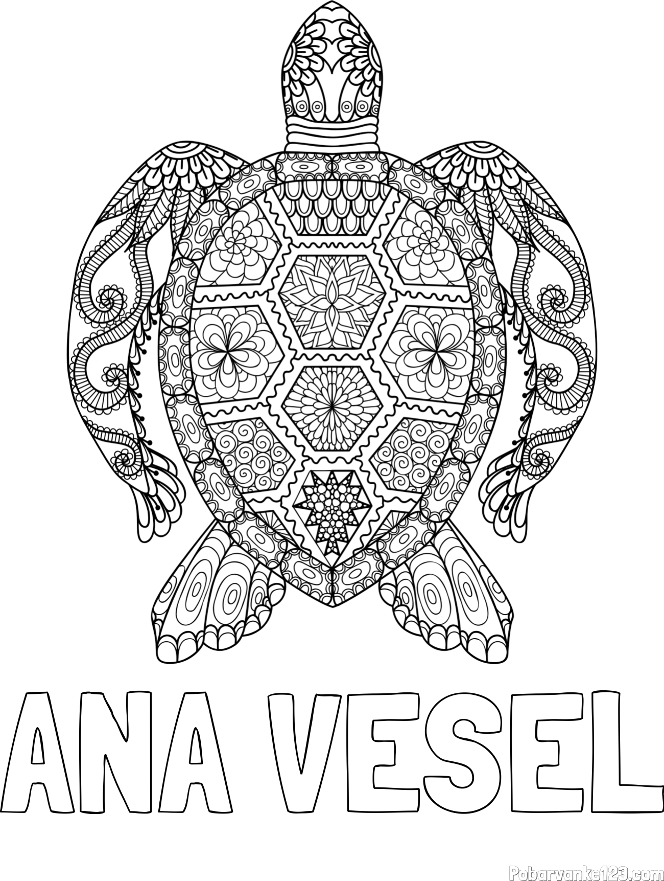 Pobarvanka imena ANA VESEL in pobarvanka želve - mandale