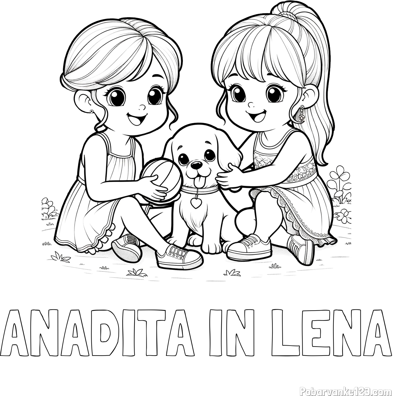 Pobarvanka imena ANADITA IN LENA in pobarvanka prijateljic s kužkom