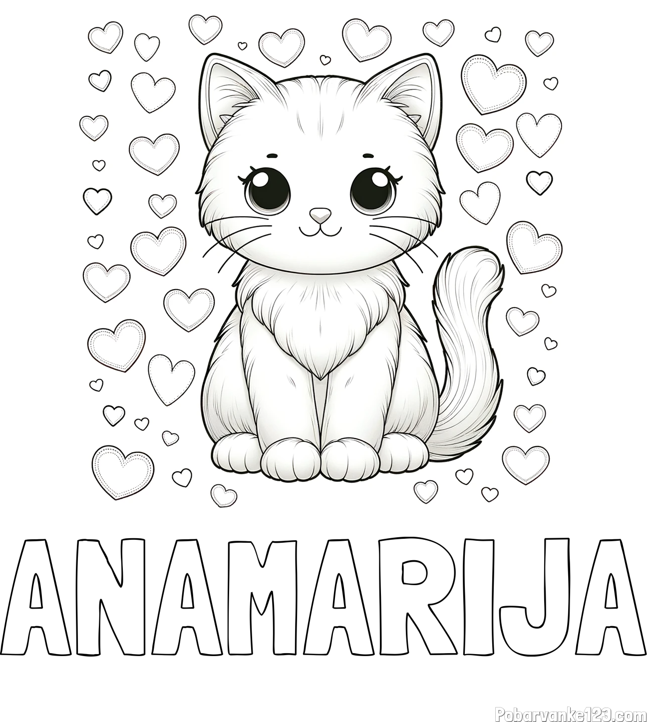 Pobarvanka imena ANAMARIJA in pobarvanka ljubke mucke obdane s srčki