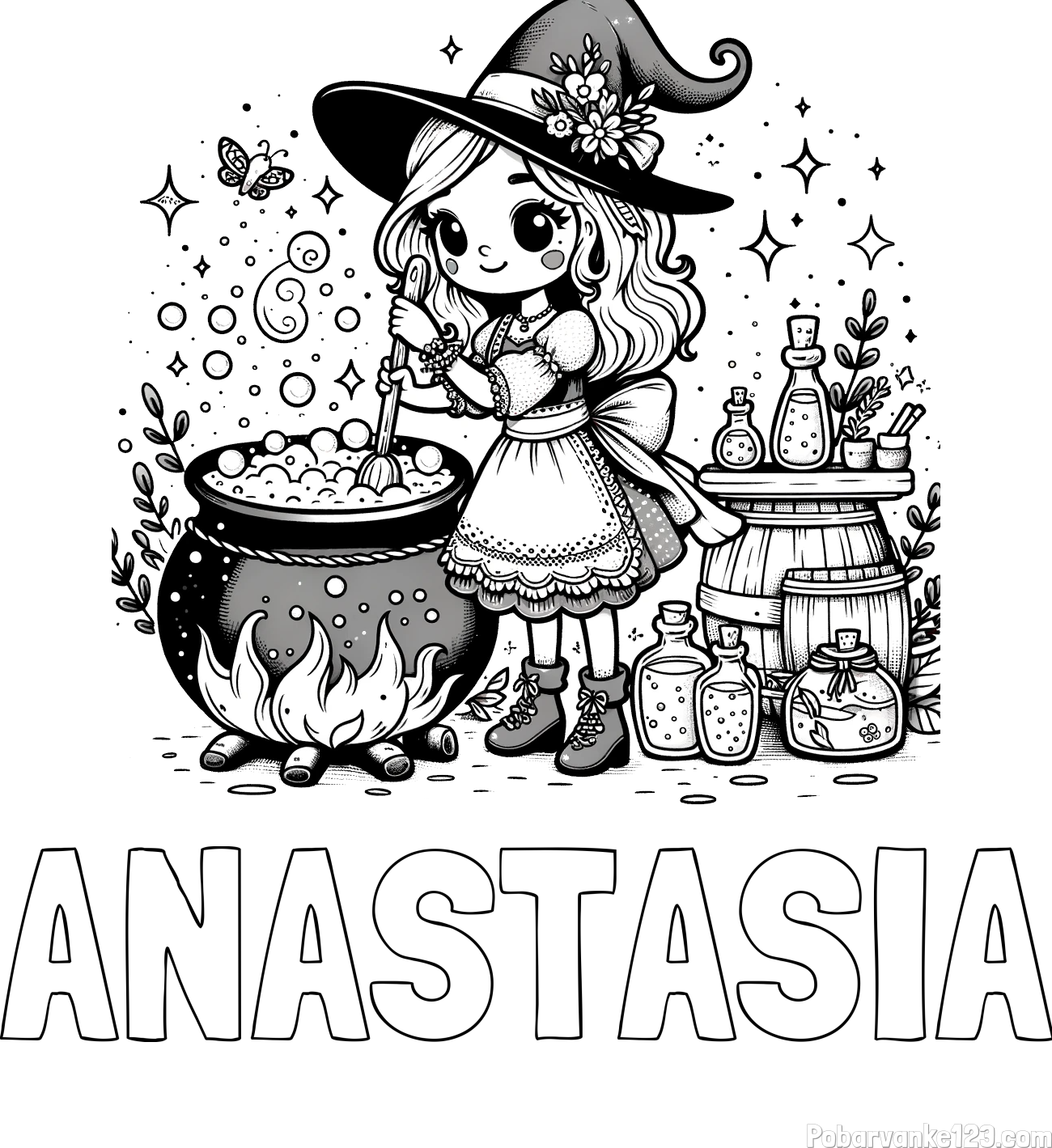 Pobarvanka imena ANASTASIA in pobarvanka prikupna čarovnica, ki pripravlja čarobni napoj
