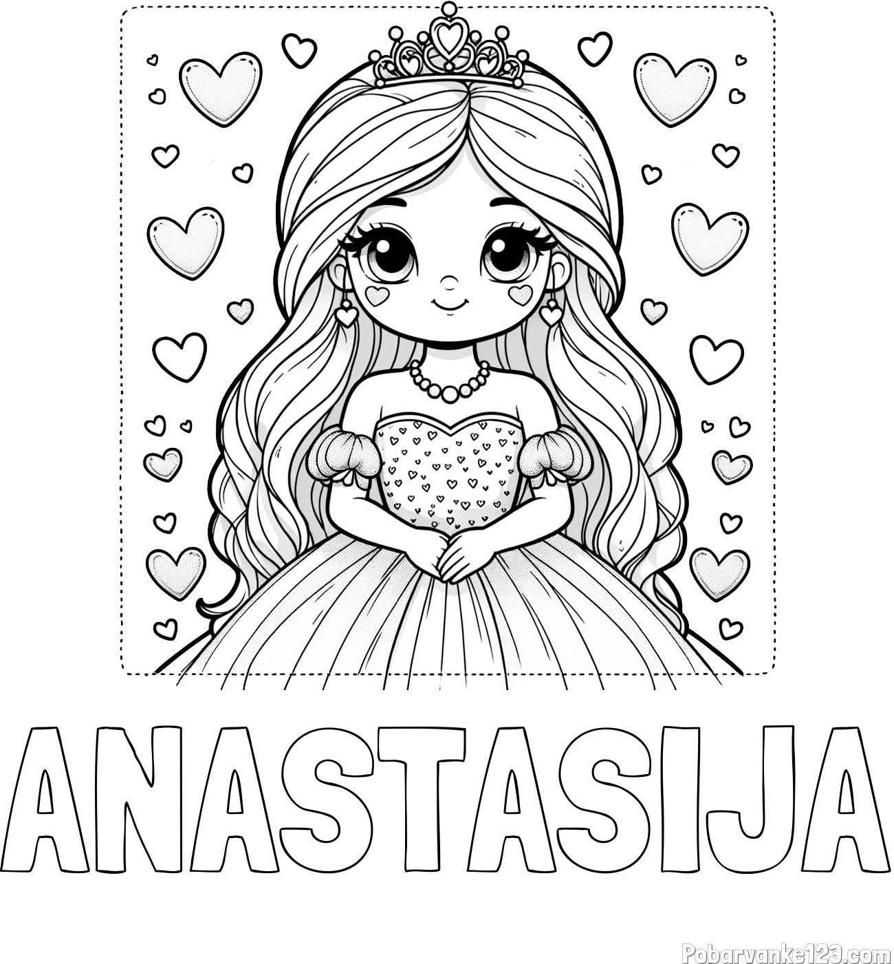 Pobarvanka imena ANASTASIJA in pobarvanka ljubke princese obdane s srčki