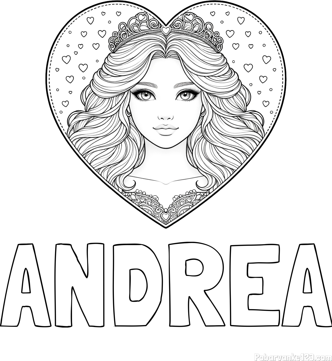 Pobarvanka imena ANDREA in pobarvanka ljubke princese v srčku
