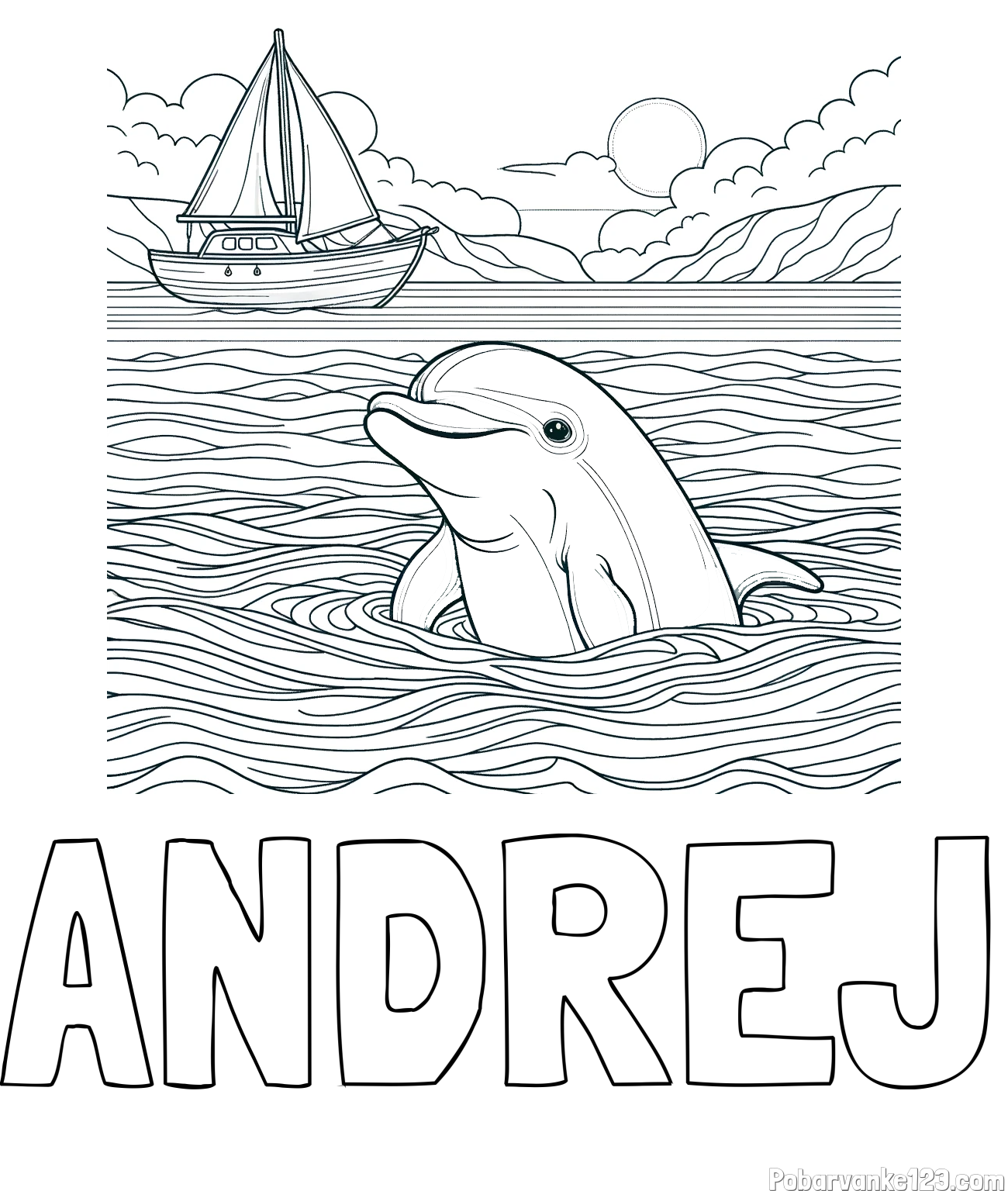 Pobarvanka imena ANDREJ in pobarvanka delfina v morju ter jadrnice