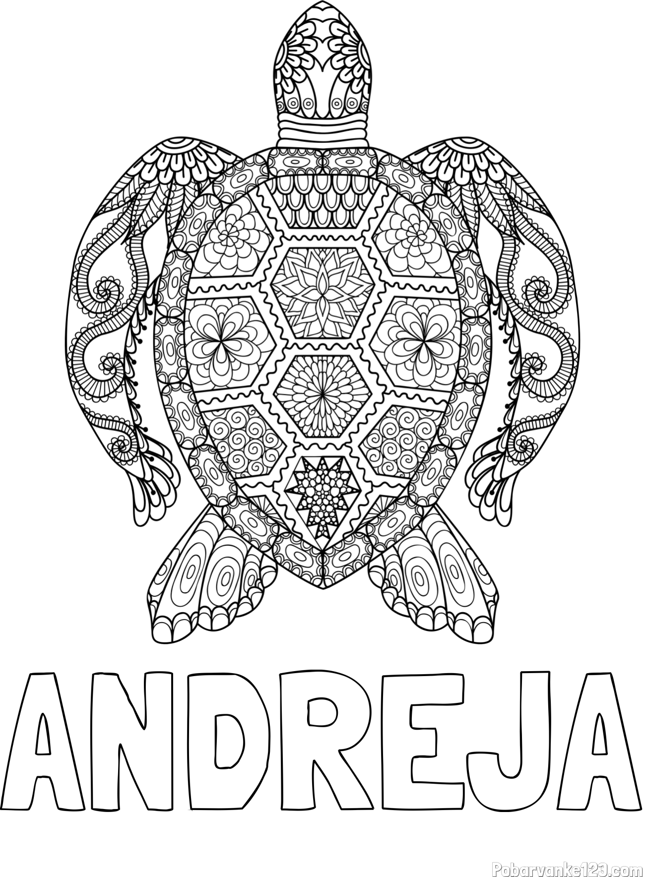 Pobarvanka imena ANDREJA in pobarvanka želve - mandale