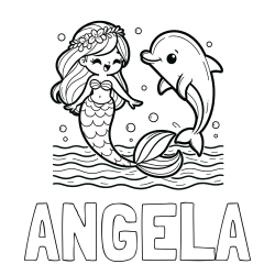 Online izdelana pobarvanka - Pobarvanka imena ANGELA in pobarvanka ljubke morske deklice, ki pleše z delfinom