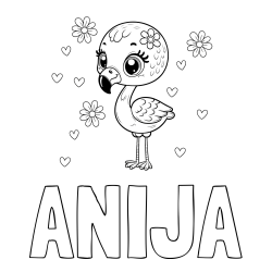 Online izdelana pobarvanka - Pobarvanka imena ANIJA in pobarvanka mladička flaminga z rožicami in srčki