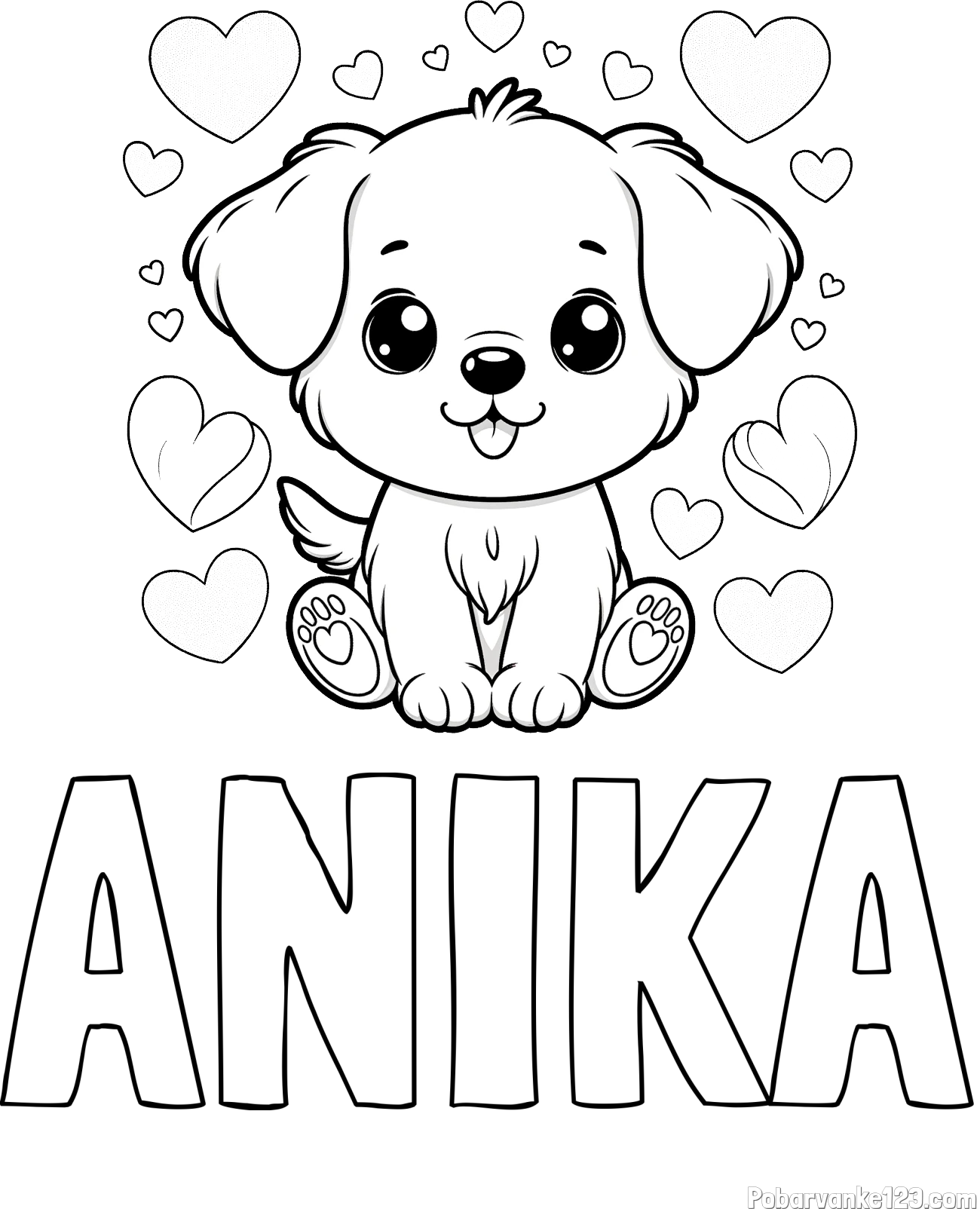 Pobarvanka imena ANIKA in pobarvanka ljubkega kužka obdanega s srčki