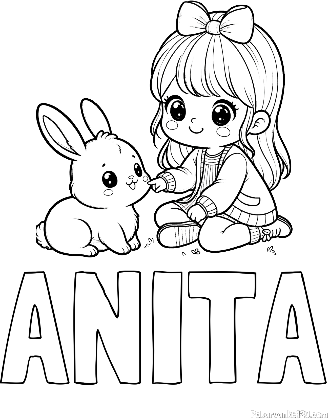 Pobarvanka imena ANITA in pobarvanka ljubke punčke, ki se igra z zajčkom