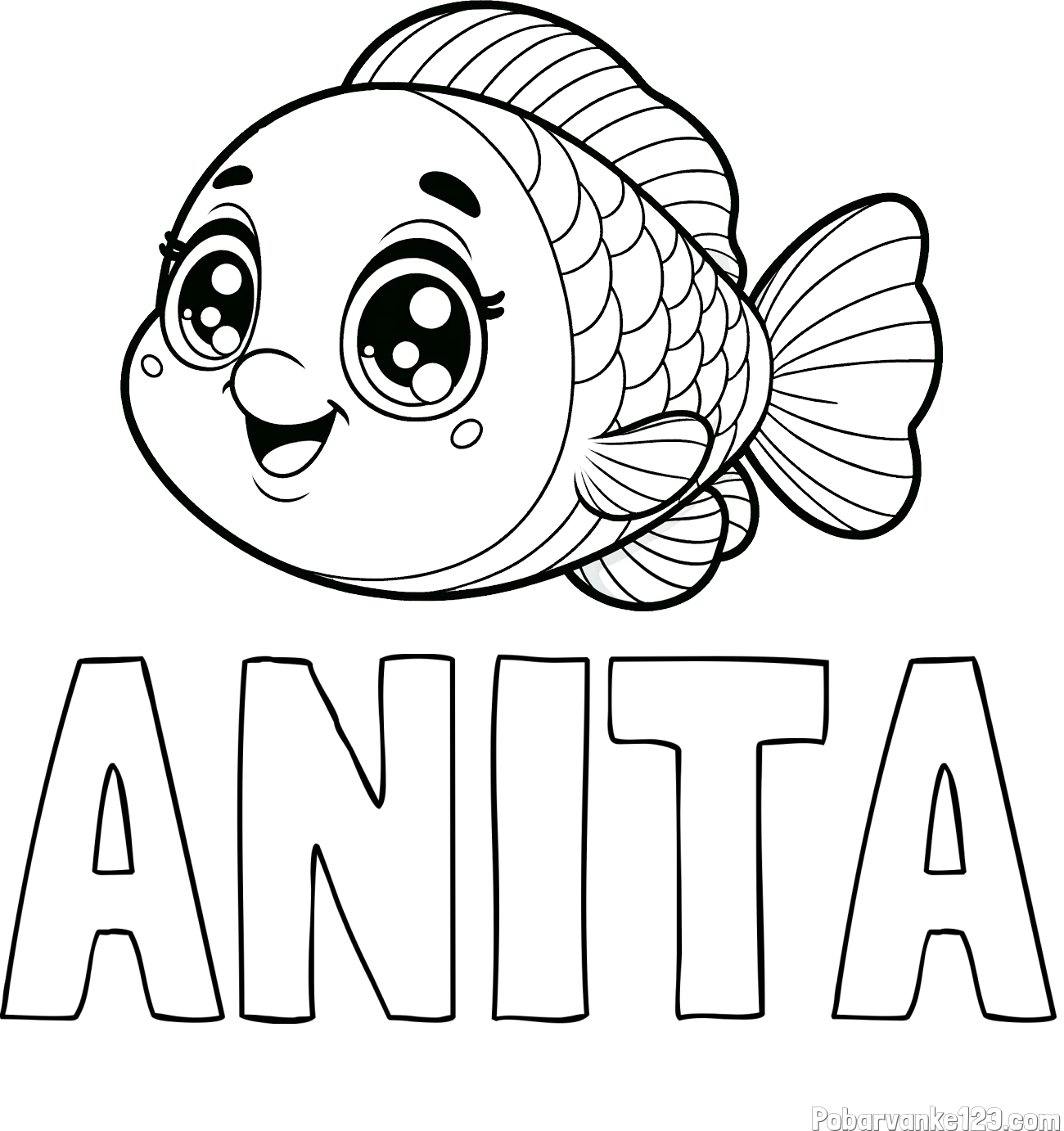 Pobarvanka imena ANITA in pobarvanka prisrčne ribe