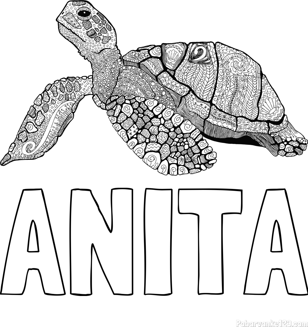 Pobarvanka imena ANITA in pobarvanka velike želve - mandale