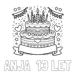 Online izdelana pobarvanka - Pobarvanka imena ANJA  13 LET in pobarvanka velike torte za rojstni dan