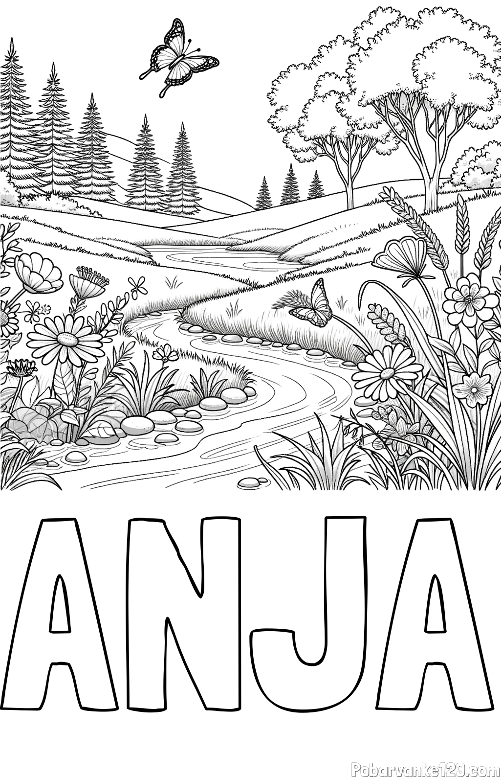 Pobarvanka imena ANJA in pobarvanka cvetoče narave