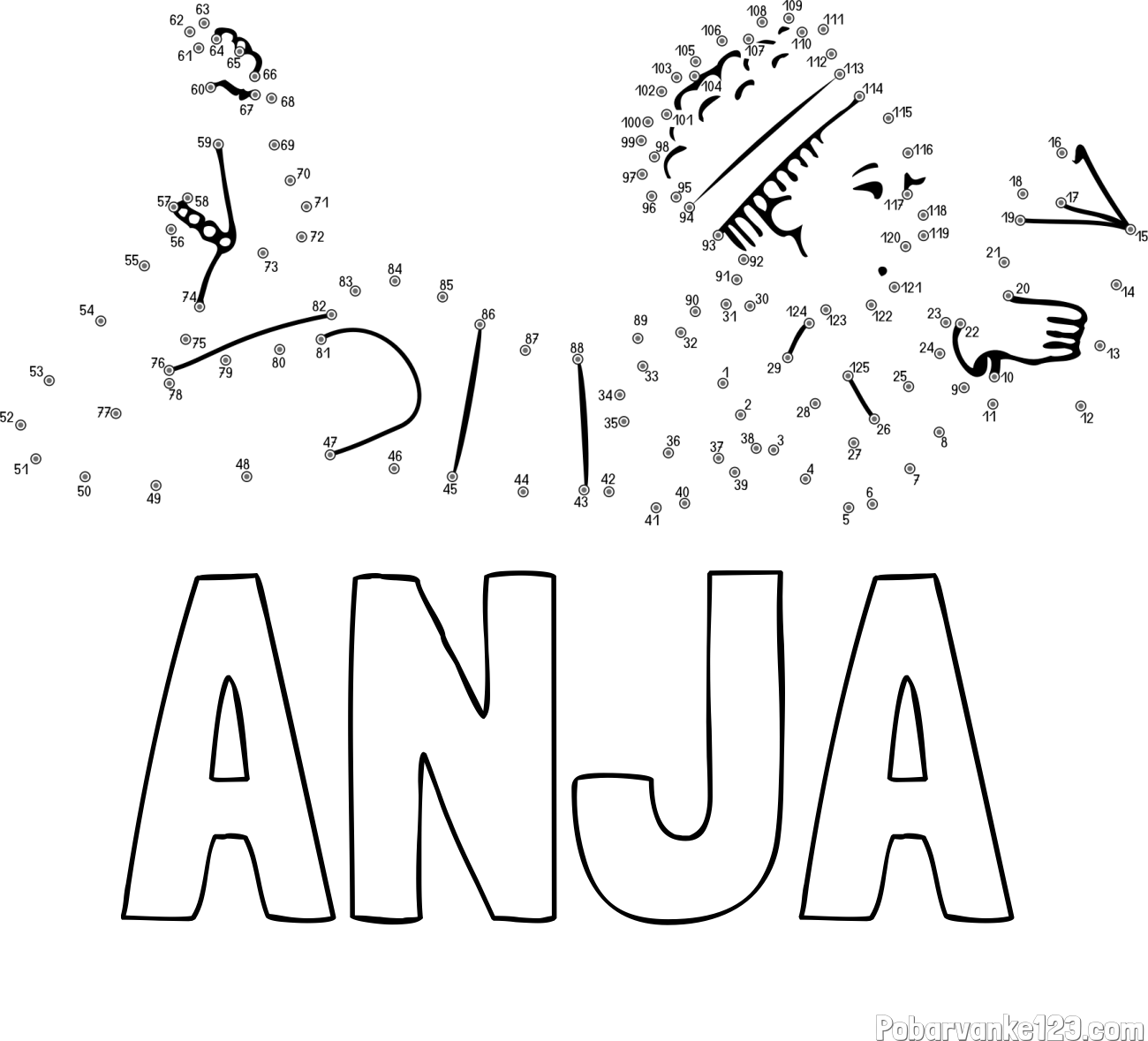 Pobarvanka imena ANJA in pobarvanka deklice - poveži številke od pike do pike