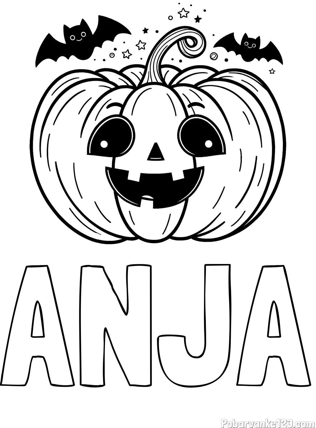 Pobarvanka imena ANJA in pobarvanka nasmejane buče ter dveh netopirjev za noč čarovnic