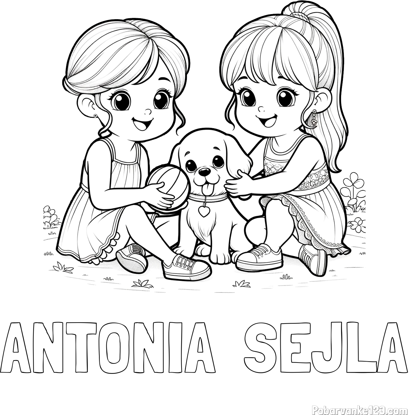 Pobarvanka imena ANTONIA  ŠEJLA in pobarvanka prijateljic s kužkom