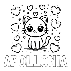 Online izdelana pobarvanka - Pobarvanka imena APOLLONIA in pobarvanka ljubke mucke obdane z veliko srčki
