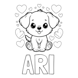 Online izdelana pobarvanka - Pobarvanka imena ARI in pobarvanka ljubkega kužka obdanega s srčki