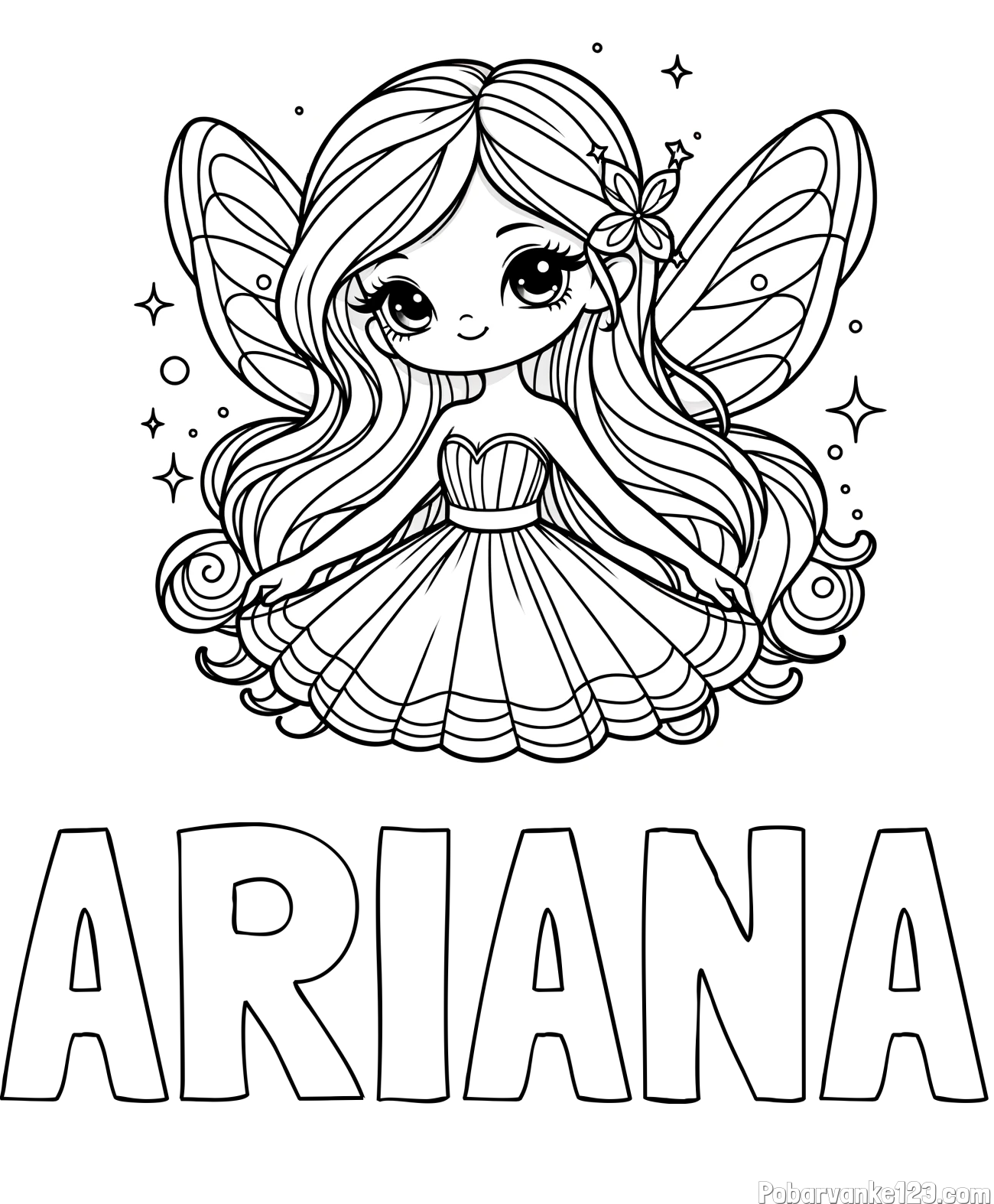 Pobarvanka imena ARIANA in pobarvanka ljubke in nasmejane čarobne vile