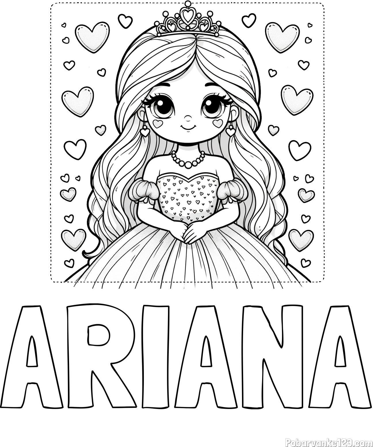 Pobarvanka imena ARIANA in pobarvanka ljubke princese obdane s srčki