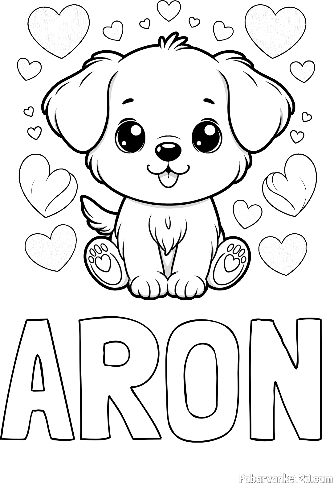 Pobarvanka imena ARON in pobarvanka ljubkega kužka obdanega s srčki