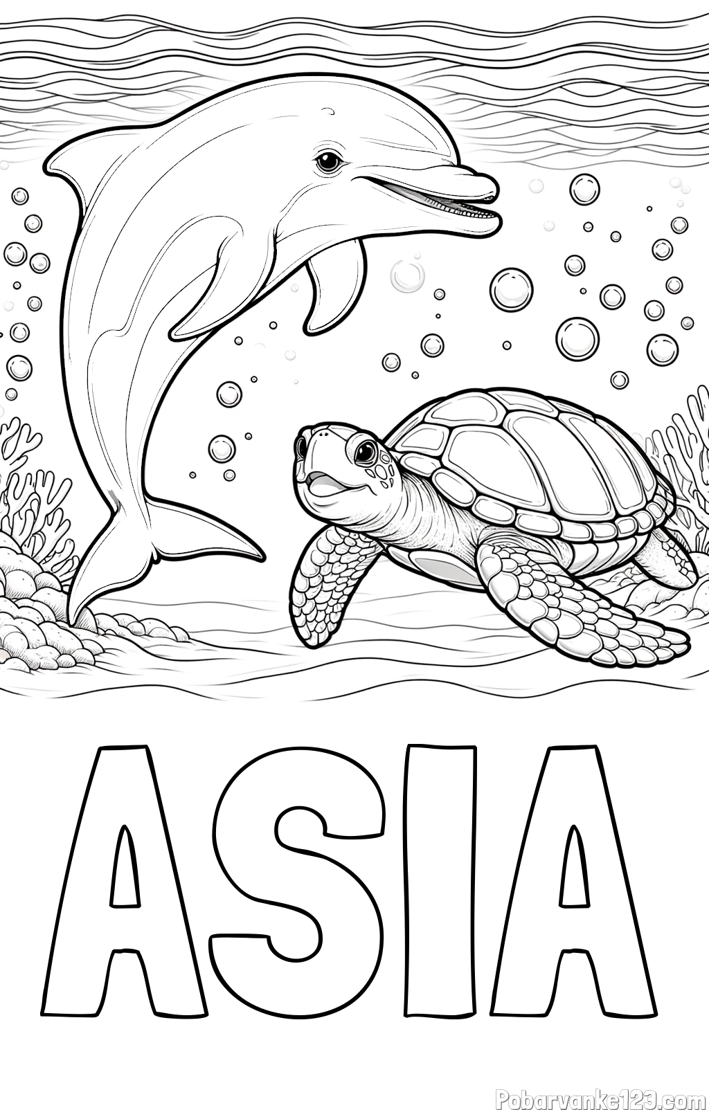 Pobarvanka imena ASIA in pobarvanka ljubkega delfina in njegove prijateljice želve