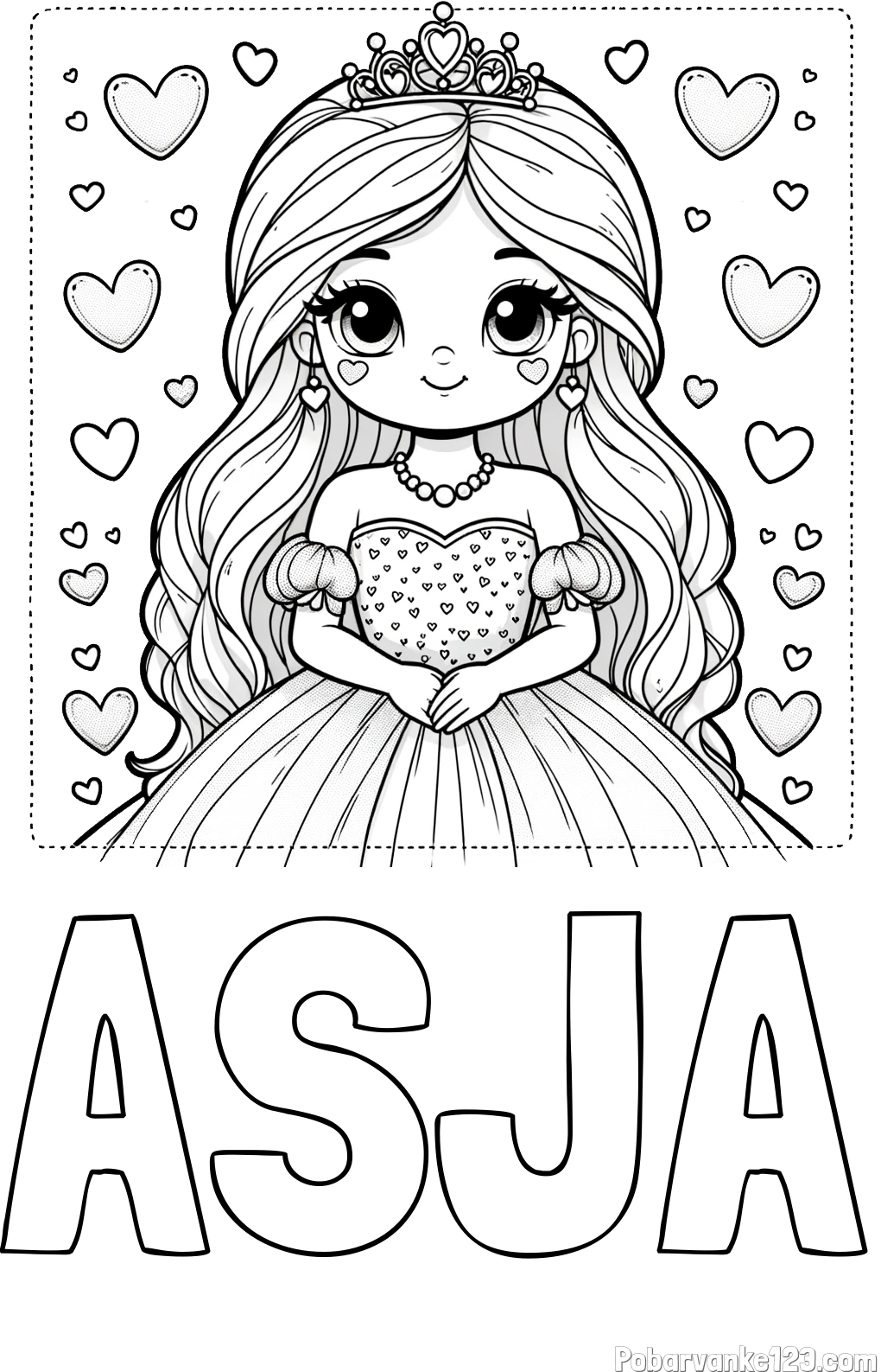 Pobarvanka imena ASJA in pobarvanka ljubke princese obdane s srčki