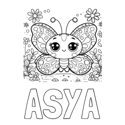 Online izdelana pobarvanka - Pobarvanka imena ASYA in pobarvanka ljubkega metuljčka