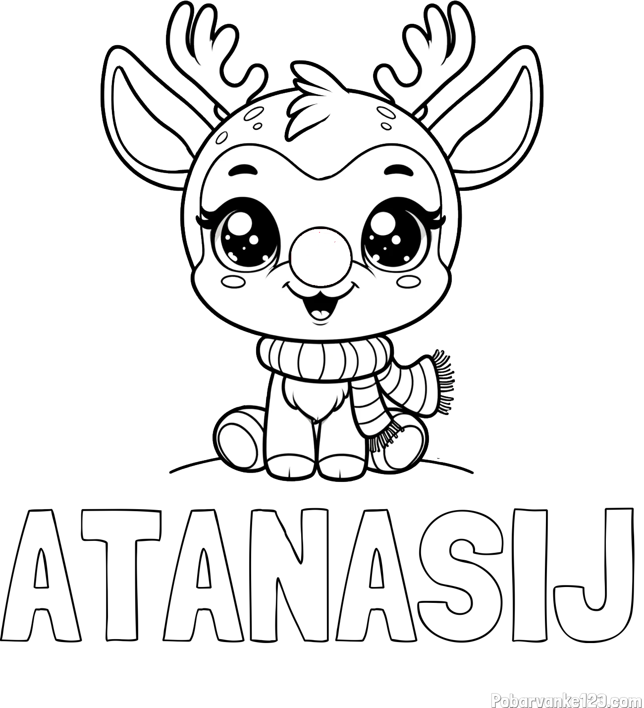 Pobarvanka imena ATANASIJ in otroška pobarvanka jelenčka Rudolfa s šalom okoli vratu