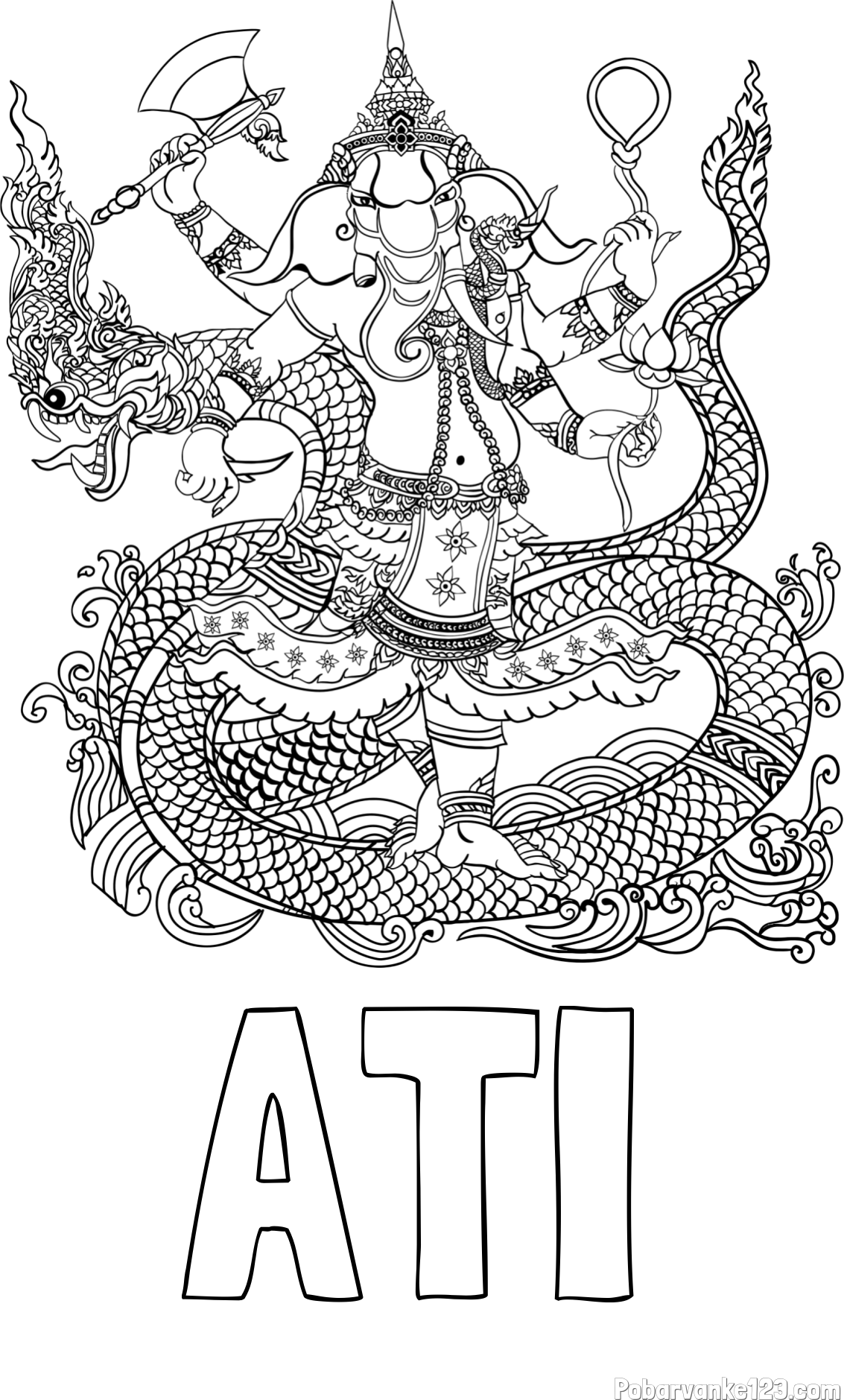 Pobarvanka imena ATI in pobarvanka slona v človeški podobi