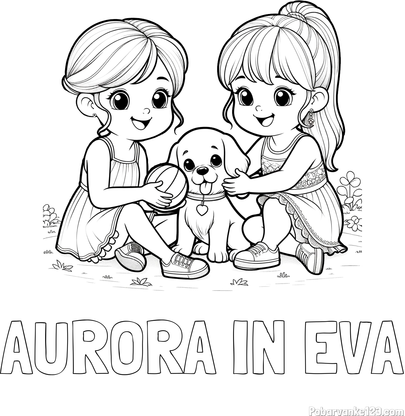 Pobarvanka imena AURORA IN EVA in pobarvanka prijateljic s kužkom