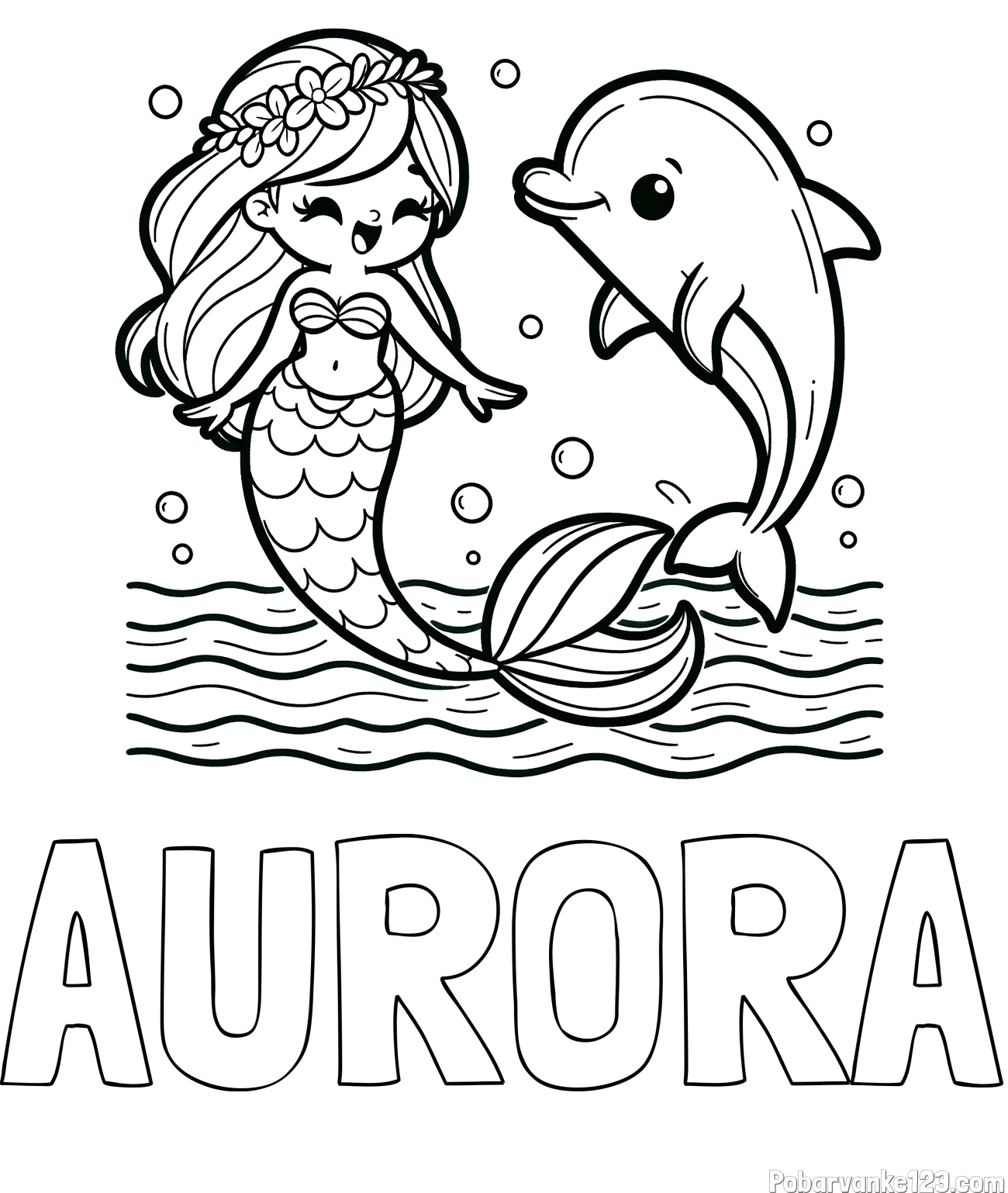 Pobarvanka imena AURORA in pobarvanka ljubke morske deklice, ki pleše z delfinom