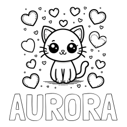 Pobarvanka imena AURORA in pobarvanka ljubke mucke obdane z veliko srčki