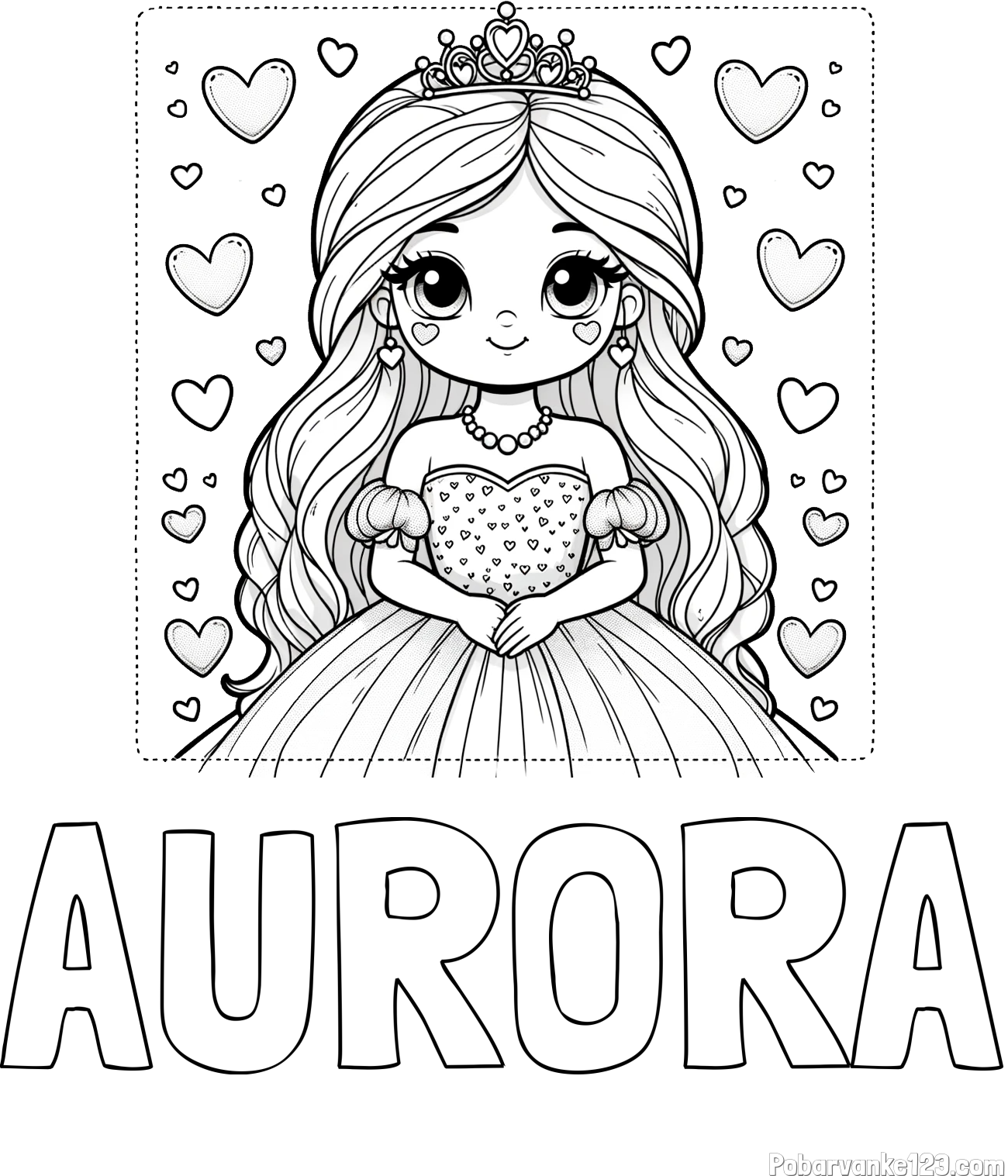 Pobarvanka imena AURORA in pobarvanka ljubke princese obdane s srčki