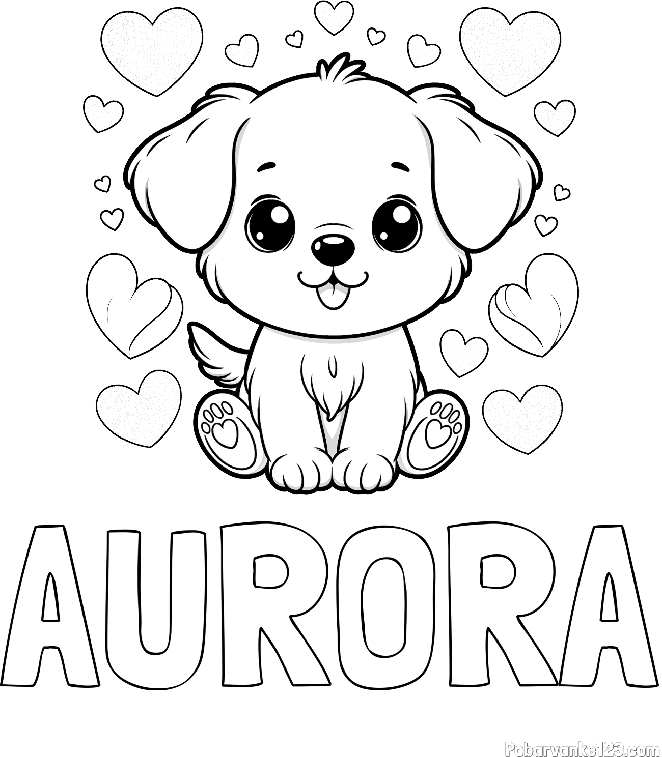 Pobarvanka imena AURORA in pobarvanka ljubkega kužka obdanega s srčki