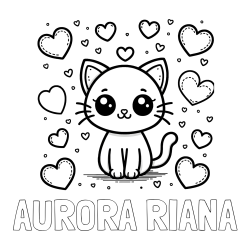 Online izdelana pobarvanka - Pobarvanka imena AURORA RIANA in pobarvanka ljubke mucke obdane z veliko srčki