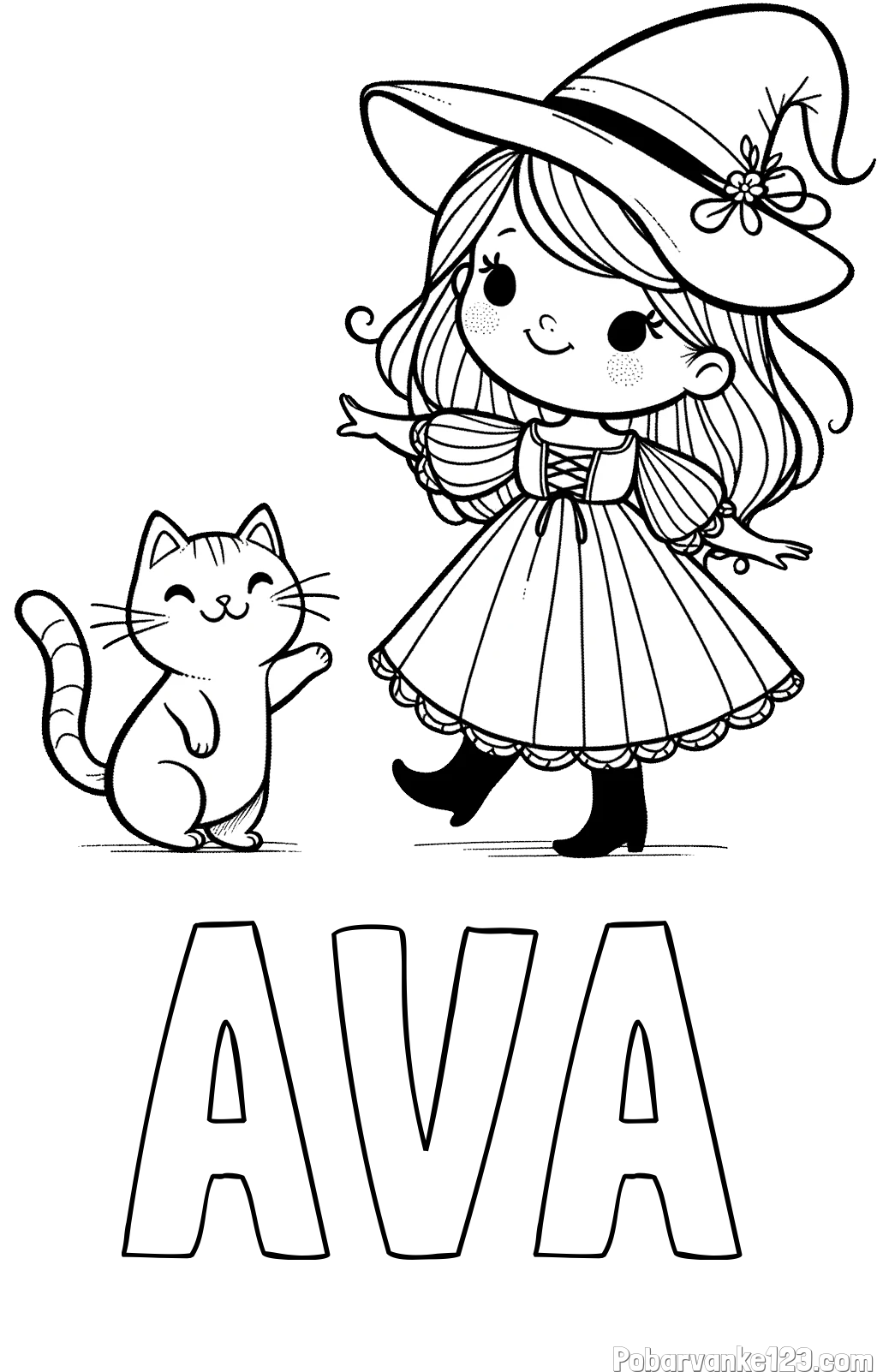 Pobarvanka imena AVA in pobarvanka ljubke čarovnice ter podrednega mačka