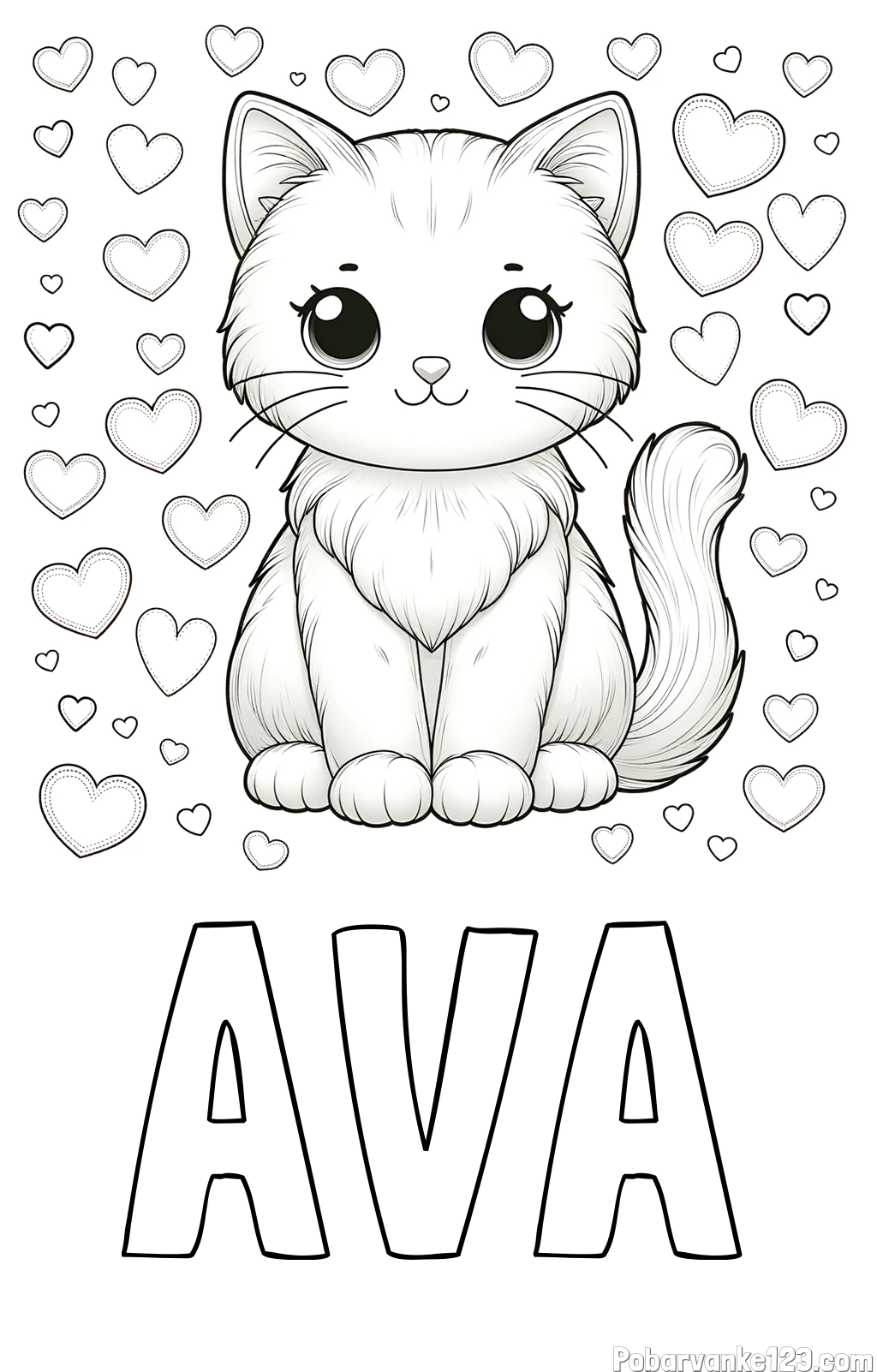 Pobarvanka imena AVA in pobarvanka ljubke mucke obdane s srčki