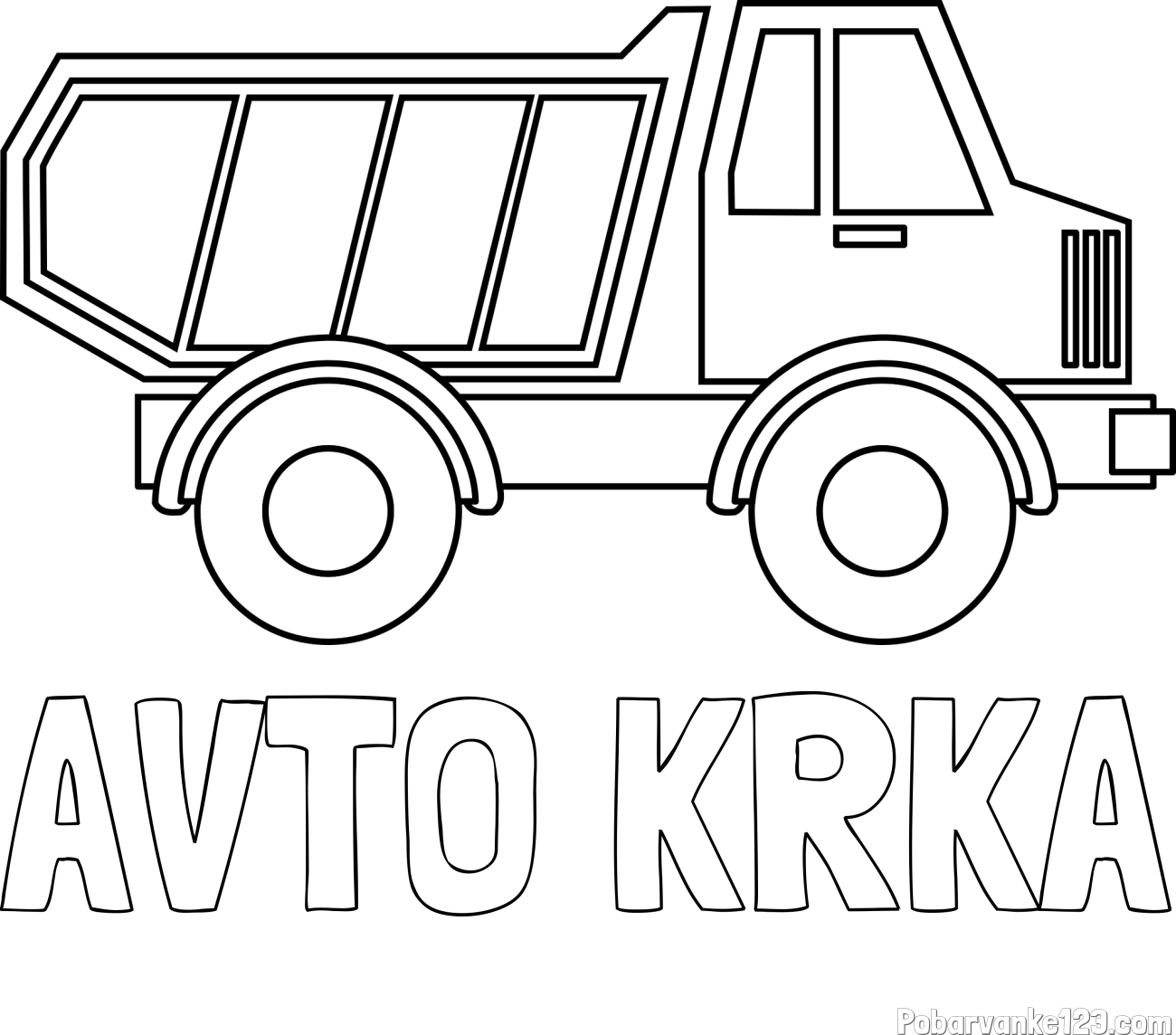 Pobarvanka imena AVTO KRKA in otroška pobarvanka tovornjaka za prevoz smeti in drugega tovora