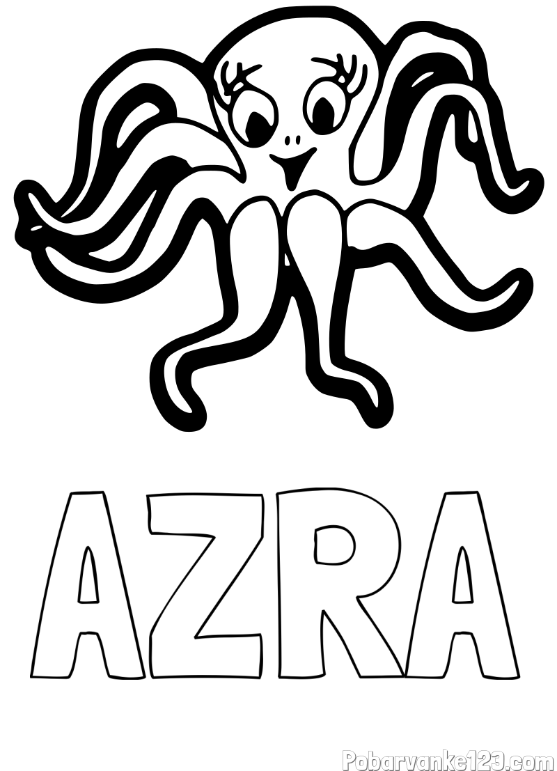 Pobarvanka imena AZRA in otroška pobarvanka nasmejane hobotnice